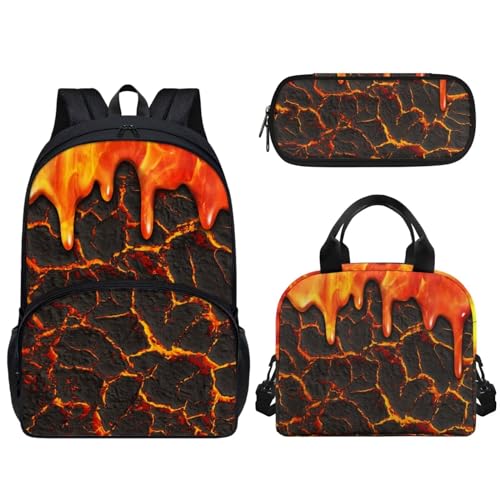 Set di 3 borse per la scuola per bambini e ragazze grande capacità con cerniera a spalla contenitore per il pranzo a tenuta stagna portapranzo Crepa del fuoco