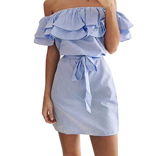 2018 New Femme été Chic Casual Slash Cou Mini Robe, Femmes Mode Manches Courtes Rayé de la Robe à Volants Hors Epaule avec Ceinture Mini Robe Courte Ba Zha Hei (L, Bleu)