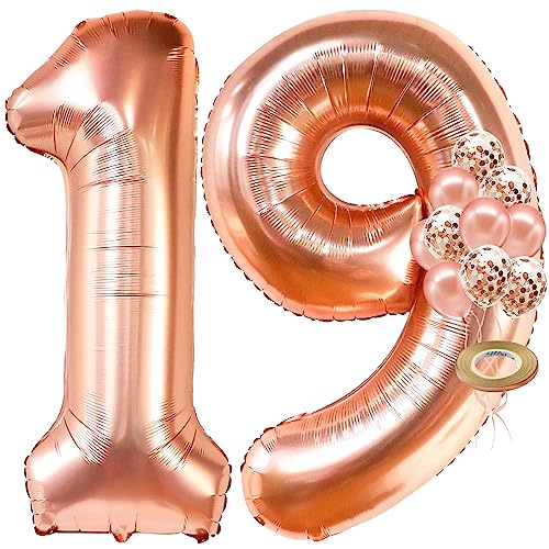 KatchOn, Giant Rose Gold 19 Balloon Number - 40 Inch | 19 Birthday Balloons With Confetti Balloons | Happy 19th Birthday Decorations, 19th Birthday Balloons | Cute 19 Birthday Decorations for Girls