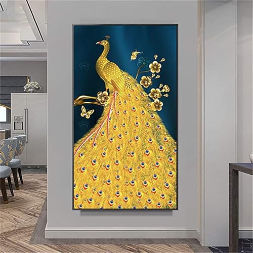 Peinture Diamant Paon Doré grand format 60x180 pour décorer le salon