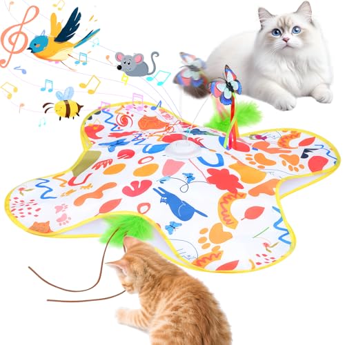 Qoosea Juguete para Gatos Interactivos Juguetes Gato Escondite, Recargable Interactivo Juguetes para Gato con Móviles Plumas Teaser y Mariposa Revoloteando, Eléctrico Juguete para Gatitos Interior