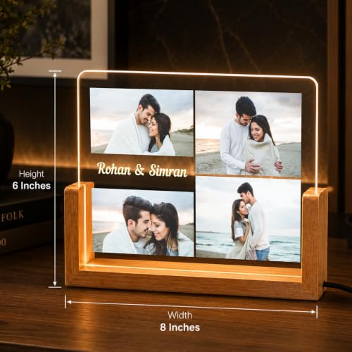 Image of Giftplease Personalized LED Acrylic Photo Frame with Custom Picture and Name, Romantic Couple Memory Lamp, Wooden Base USB Table Decor, Anniversary Bedroom Home Display Keepsake Art