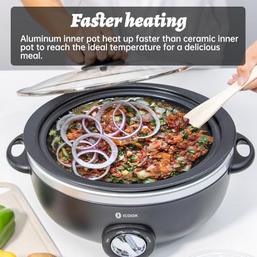 Image of ICOOK USC-35-OP001BK 3.5 Quart Slow Cooker,Aluminium Sear /Saute Stew Pot Stovetop safe,Dishwasher Safe,Glass Lid,Adjustable Temp,Food Warmer,Black