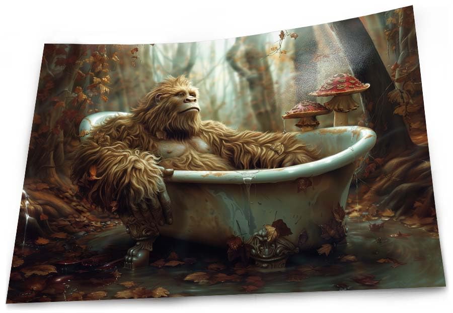 Bigfoot in Bathtub Fine Art Print - Fantasy Decor Unframed Whimsical Beast Painting Folklore Fairytale Sasquatch Bathroom Poster