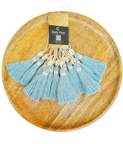 Image of Zippy Flora Handmade Cotton Tassels with Cowrie Shells for DIY & Crafts Project, Pack of 10 (Sky Blue)