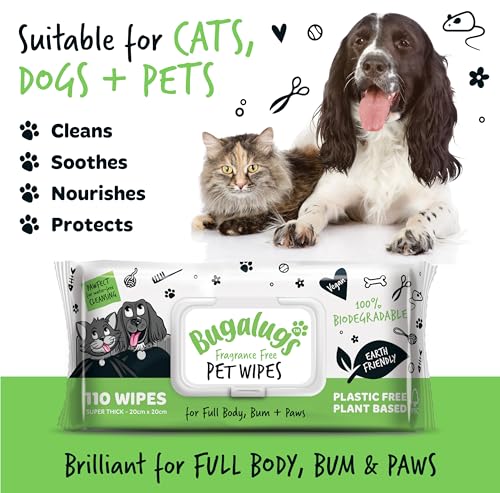 BUGALUGS Dog Wipes, 100% Plastic Free Biodegradable pet wipes for full body, eye wipes, ear wipes, bum & paws. 110 sensitive dog grooming wipes for dogs, puppy & cat grooming (Fragrance Free) - Image 3