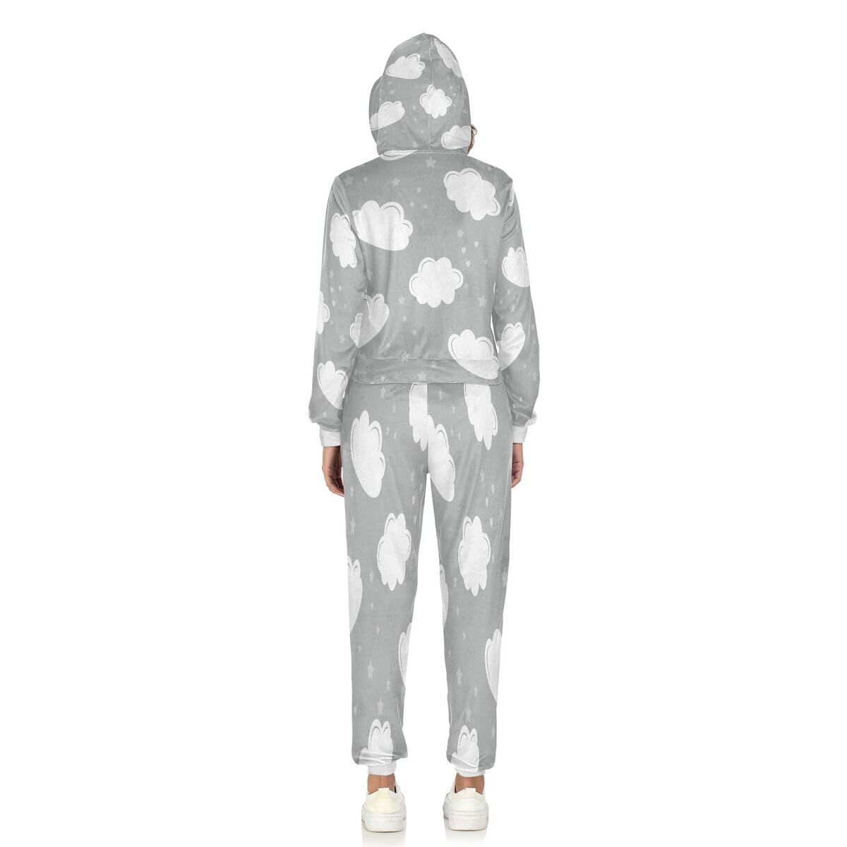 Conjunto deportivo de 2 piezas para mujer, diseño de nubes de dibujos animados, manga larga, conjunto deportivo de estrellas, color gris