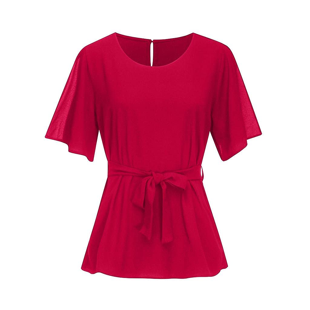 Damska koszulka na lato, na lato, na co dzień, z krótkim rękawem, koszulka typu henley, basic, luźna, tunika, bluzka, eleganckie koszule, czerwony, XXL