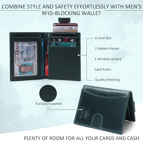 Image of Genuine Leather Bifold RFID Blocking Slim Stylish Credit Debit ATM Card Holder Wallet for Men Women (Bottle Green)