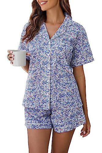 LUBOT 100% Cotton Pajamas for Women 2 Piece PJ Set Woven Poplin Ladies Button Down Short Sleeve Summer Sleepwear S-XXL