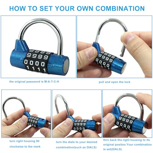 Image of Hitefu 2 Packs 4 Digit Combination Lock, Numbers Gym Locker Lock, Heavyduty Safety Padlock for School, Toolbox, Cabinet, Hasp, Gate (Blue & Red)
