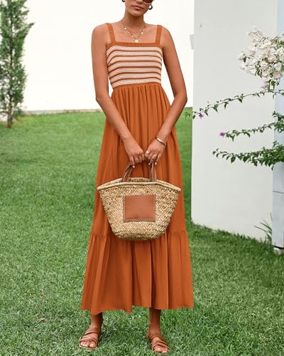 Image of BTFBM Summer Midi Dresses for Women 2025 Spring Sleeveless Square Neck Smocked Flowy Long Beach Vacation Sundress Pocket