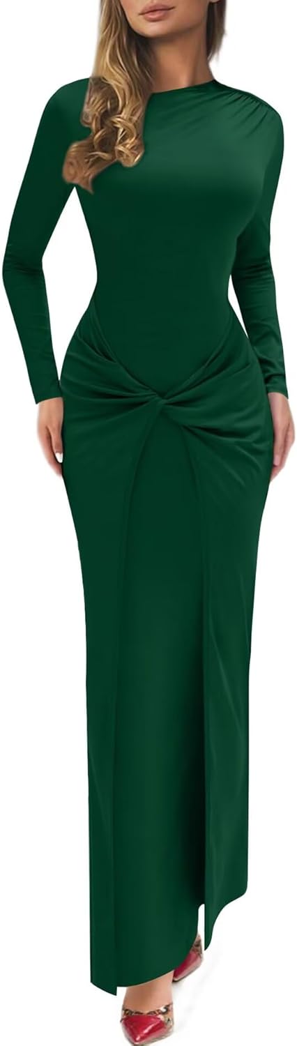 Mojessy Women Bodycon Maxi Dress Sexy Mock Neck Ruched Long Sleeve Long Dress Cocktail Party Dresses