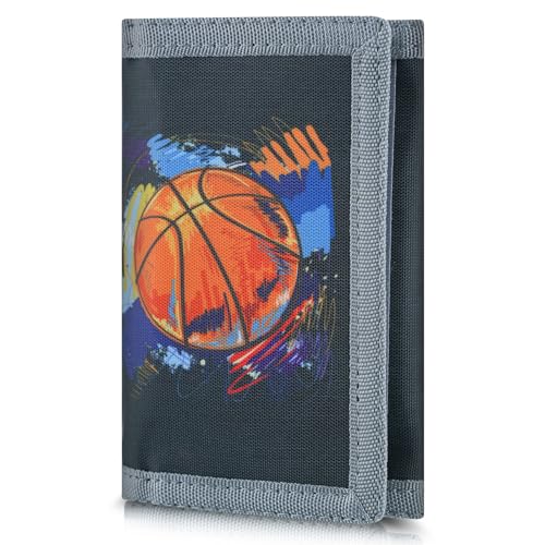 Image of Kids Wallet for Boys Girls, Trifold RFID Wallet with Key Chain and Zipper Pocket for Kids 4-18 Novelty Birthday Gifts, Coin Pouch Purse for Children Teens Outdoor Sports-Basketball