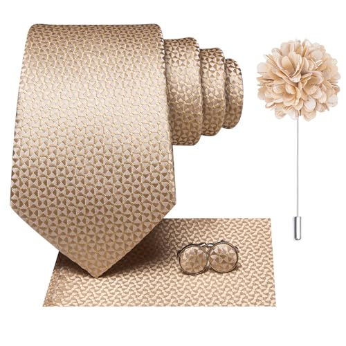 Image of Hi-Tie Men Silk Ties Set with Flower Lapel Pin Necktie Pocket Square Cufflinks for Tuxedo Wedding Business