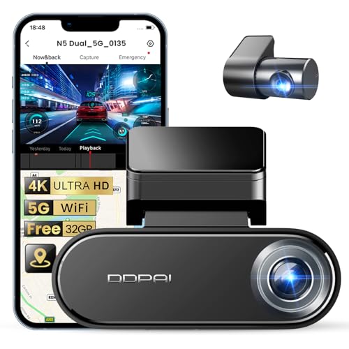 DDPAI 4K Dash Cam Front and Rear, 2160P+1080P Car Dash Camera, GPS 5G WiFi Dashcam for Cars, Free eMMC 32G Dual Storage Support 512G,Radar Motion Detection,Night Vision,72 Hour Parking Mode, N5 Dual