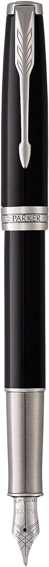 Parker Sonnet Fountain Pen | Black Lacquer with Palladium Trim | Solid 18K Gold Medium Nib | Gift Box