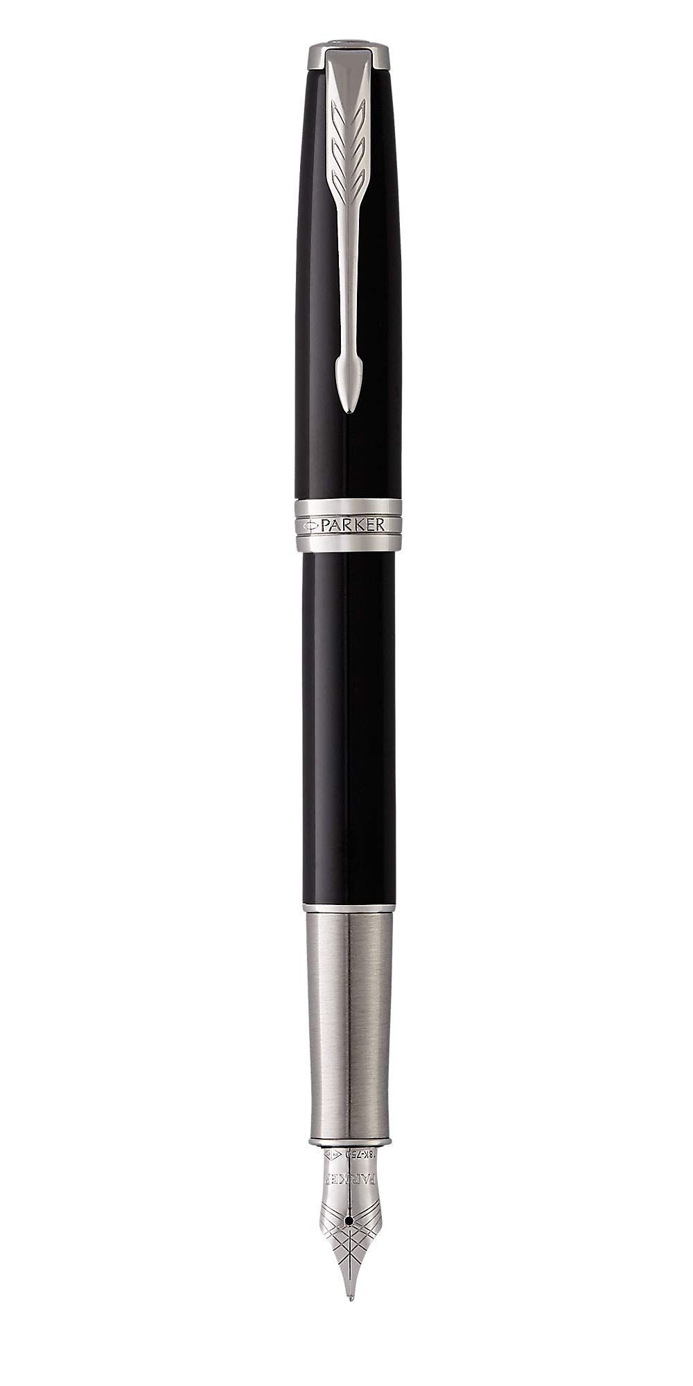 (Fine Nib, 18K Solid Gold Nib, Black Lacquer - Palladium Trim) - PARKER Sonnet Black-Lacquer, Palladium Finish Trim Fountain Pen 18K, Fine Nib - Gift Boxed