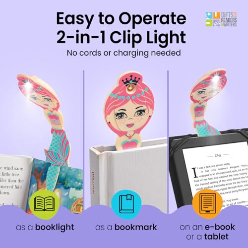 Image of Gifts for Readers & Writers Book Light for Kids, Clip On Reading Light for Bed, 2in1 Flexilight Pals & Bookmark, Small & Lightweight with a Soft Glow, 2 Batteries Included, Mermaid Teal