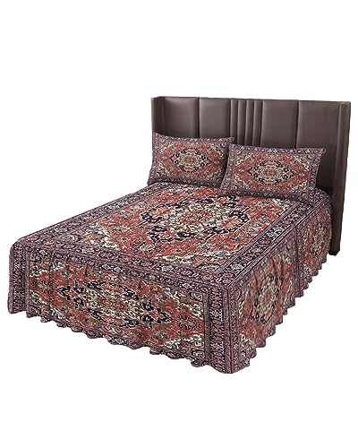 Queen Bed Skirts Ruffled 3 Piece Set with Pillow Shams, Vintage Boho Distressed Geometric Luxury Ruffle Skirt Bedspread Classic Sheet with Pillowcases Bedding Sets