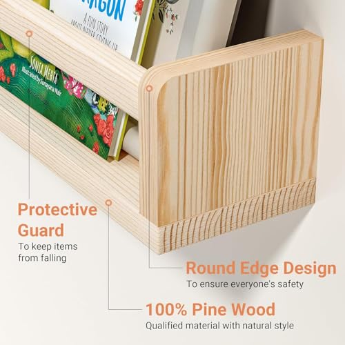 Image of Decazone Nursery Wall Shelves Set of 3, Solid Pine Wood Floating Bookshelves for Kids Room, Bathroom, Kitchen & Living Room - Multipurpose Wall Storage & Display Rack (Natural Finish)
