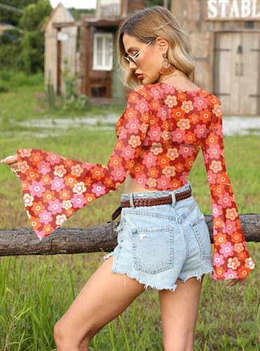 Image of For G and PL Women Tie Front Bell Sleeve Rave Crop Tops Floral Print Hippie Mesh Sheer Shirt