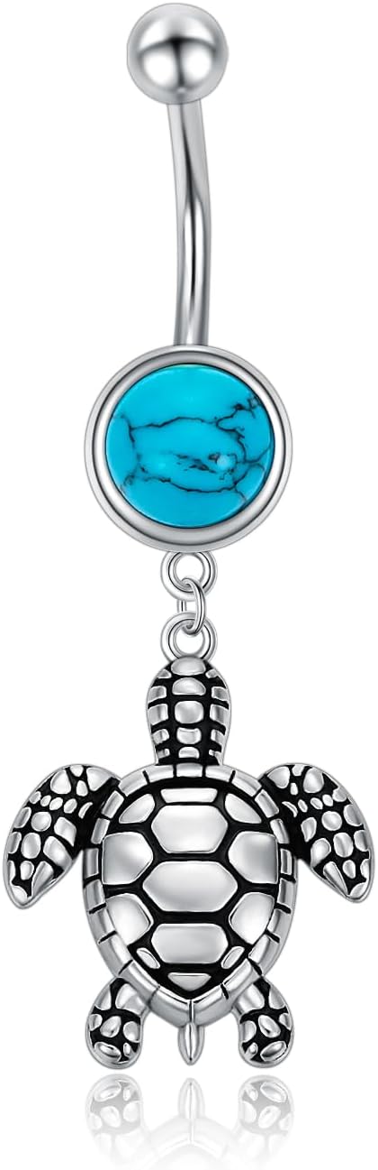 Sea Turtle Belly Button Ring 925 Sterling Silver Real Turquoise Turtle 14G Dangle Belly Ring Summer Beach Jewelry Gifts for Women