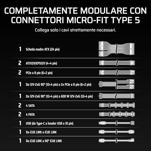 CORSAIR HX1200i SHIFT Alimentatore ATX completamente modulare – Hub di sistema iCUE LINK integrato, cavo nativo 12 V 2x6, ATX 3.1 e PCIe 5.1, Cybenetics Platinum – Nero - Alimentatore - Immagine 6