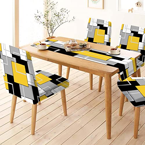 Mcalk Geometric Yellow Chair Covers Set Of 4 And Table Runner,Stretch Yellow Chair Slipcovers For Kitchen,Washable Removable Chair Protector Modern Chair Covers For Dining Room #TOP1