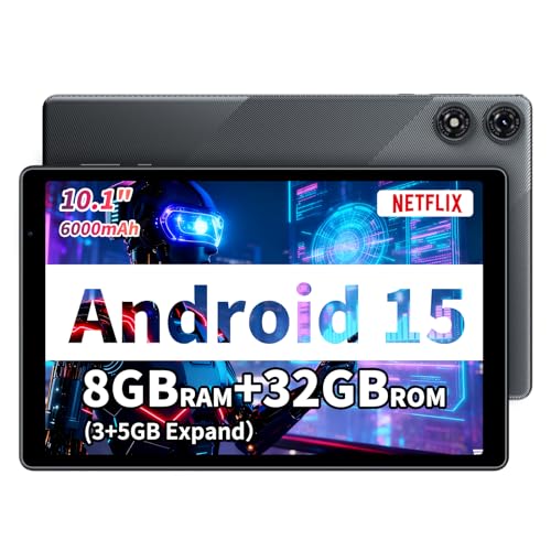 Tablet Android 15.4 cm de 10 polegadas, 8 GB de RAM, 32 GB de armazenamento, tela HD IPS 1280 x 800, certificado GMS, bateria de 6000 mAh, tipo C, tablet WiFi, expansível até 1 TB, cinza