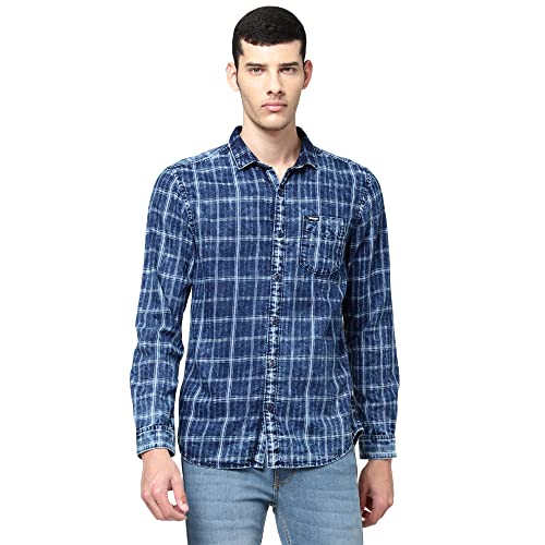 Image of Wrangler Men Checked Indigo Shirt (Regular)