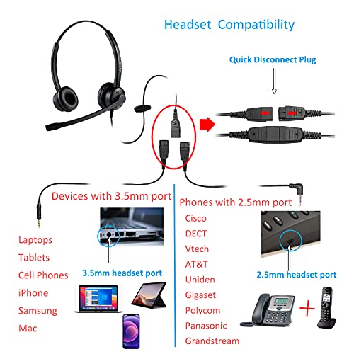 2.5Mm Telephone Headset With Noise Canceling Mic For Panasonic, Including 3.5Mm Connector For Cell Phone Pc Laptop, Callcenter Office Headset For Cisco Vtech Undiden Cordless Dect For Polycom #TOP3
