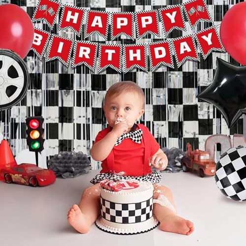 Image of Race Car Birthday Party Decoration, Including 2 Pack Black Silver Checkered Streamers, 22pcs Race Car Party Balloons & 1pcs Race Car Birthday Banner for One Happy Dude Race Car Theme Party Supplies