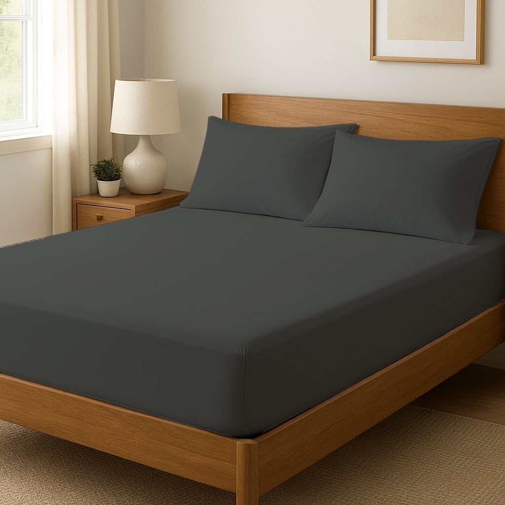 Novexa 100% Egyptian Cotton Double Fitted Sheets 400 Thread Count 35cm Deep Cooling Hotel Quality Bed Sheet Luxury Ultra Soft Bottom Charcoal Fitted Bedsheets — image 1