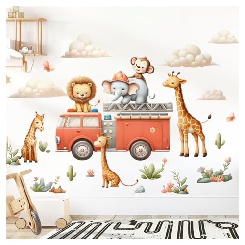 Little Deco DL5052 L Sticker mural animaux de la jungle avec camion de pompiers
