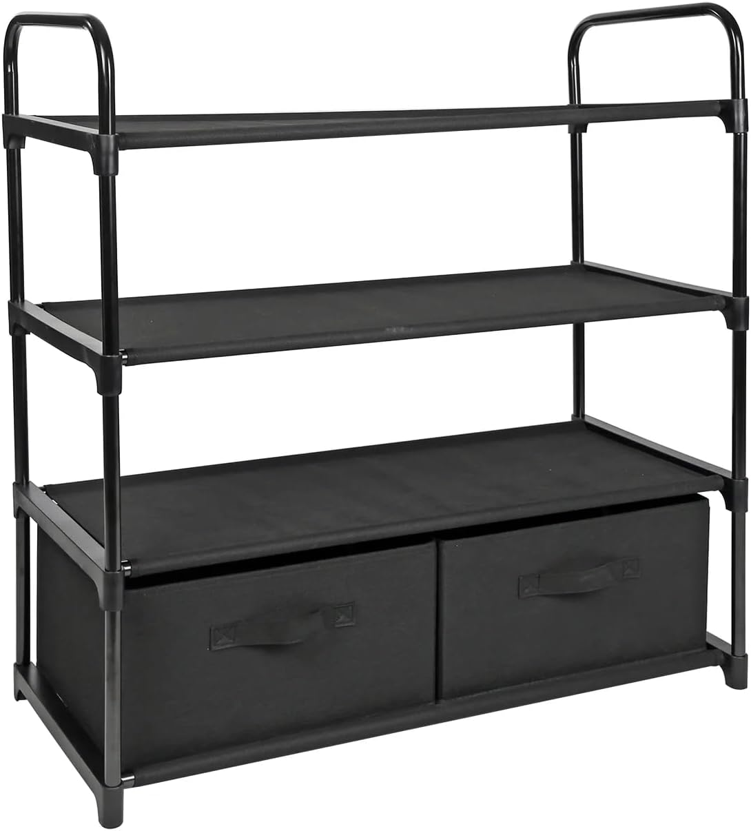 4-Shelf Closet Storage Organizer with 2 Fabric Bins, Metal Frame, Space-Saving Wardrobe Solution,Black