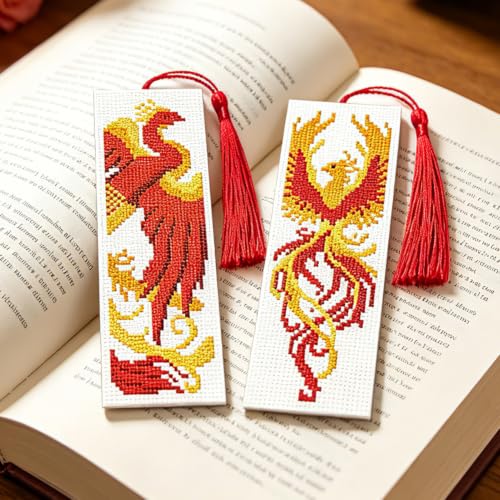 Image of ACRNIGHEET 6PCS Cross Stitch Bookmark Kit for Beginner Stamped Cross Stitch Kits for Adults Phoenix DIY Tassel Embroidery Bookmark Kits Needlepoint Kit with Instructions Craft Gift 8.5''x3'' 11CT