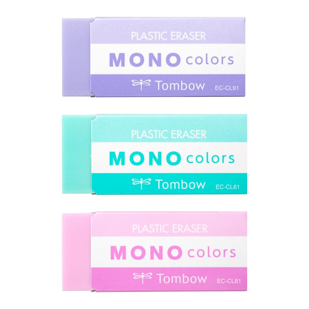 Tombow MONO Colors - Juego de 3 gomas de borrar de plástico, sin ftalatos ni látex, 19 g, para escuela, oficina y dibujo