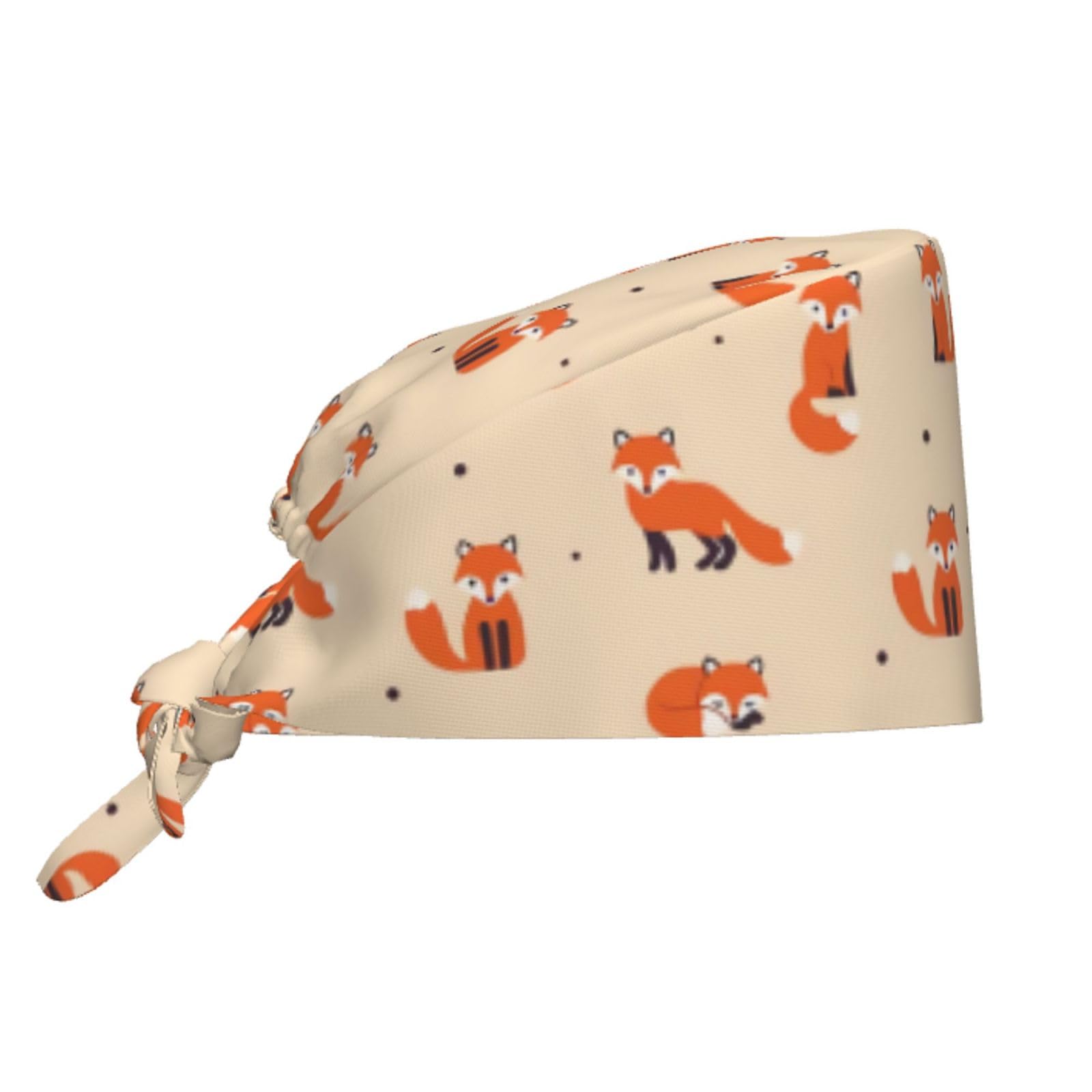 Vintage Cute Little Red Fox Working Cap Scrub Cap with Sweatband,Adjustable Fashion Elastic Bandage Tie Back Hat Headwear Printed for Women Men