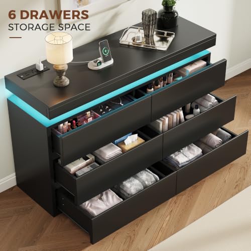 6 Drawer Dresser with LED Lights and Charging Station, Modern Black Dresser - Image 5
