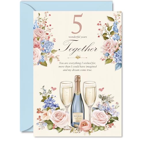 Cartão de 5º aniversário para mulheres e homens, champanhe floral, cartão de feliz aniversário de 5 anos para esposa, casal, marido, namorada, A5, aniversário de casamento, cartões comemorativos