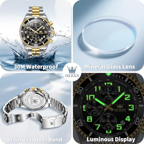 Image of OLEVS Watches for Men Stainless Steel Dress Men Watch with Date Big Face Chronograph Waterproof Luxury Fashion Watch Blue /Black /Gold /Green /Silver Face Relojes para Hombres