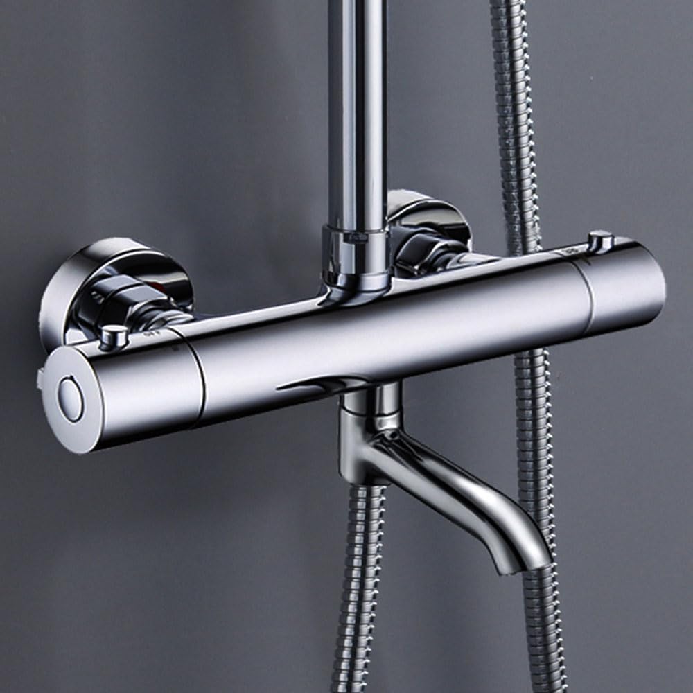 Kibath L457551 Grifo termostático para Columna de Ducha, con Caño. con manetas de latón y Montura cerámica. con indicador de Temperatura y botón de Seguridad antiquemaduras, Cromo Brillo