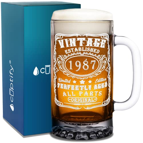 Cuptify 38th Birthday Perfectly Aged 38 Years Old Established 1987 Etched 25 oz Glass Beer Mug Drinking Glasses for Men and Women