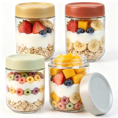 LIIGOU 500ml Overnight Oats Jars with Secure Airtight Lids, Leakproof Glass Meal Prep Containers for Yogurt, Salad & Breakfast Storage