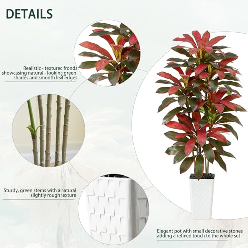 Image of Artificial Red Dracaena Tree Indoor, 6FT Tall Fake Floor Plants with White Planter & Pebbles, Faux Silk Yucca Tree for Home Office Living Room Bedroom Farmhouse Modern Outdoor Topiary Tree