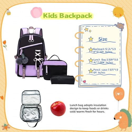 School Backpack for Girls Color-block School Bag with Lunch Box Pencil Case Set 3PCS Girls Backpack for School Kids Bookbag2