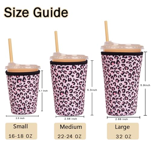 Image of Reusable Insulated Sleeve for Iced Coffee Cup, 3-Pack Coffee Neoprene Drink Sleeve for Cold & Hot Drinks, Beverage Holder for Iced Coffee (Pink Leopard)