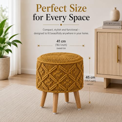 Image of Macrame Ottoman for Living Room | Handcrafted Woven Foot Rest Stool with Solid Wooden Legs | Pouffe for Sitting, Foot Stool for Bedroom & Home Decor | 16x16x18 Inch (Mustard)