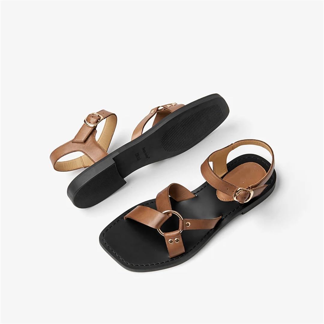 Sandalias básicas de piel de vacuno con hebilla y correa al tobillo para mujer, tacón plano, estilo casual, para verano, Brown, 40.5 EU